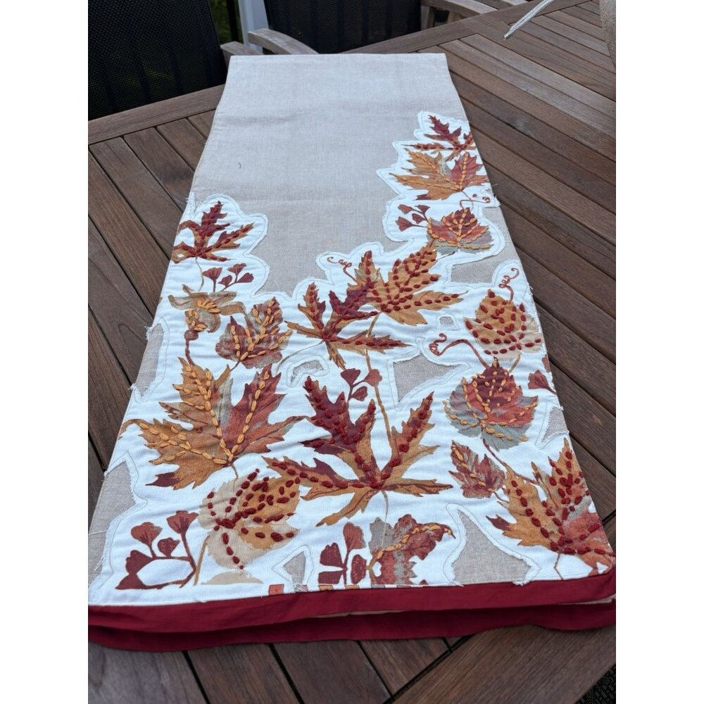 Appliqué Leaves Table Runner Fall Harvest Embroidery Linen Large 80x16.5”